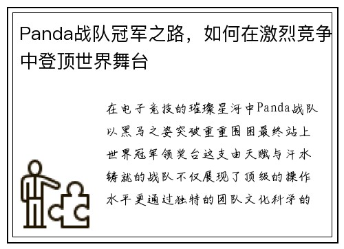 Panda战队冠军之路,如何在激烈竞争中登顶世界舞台