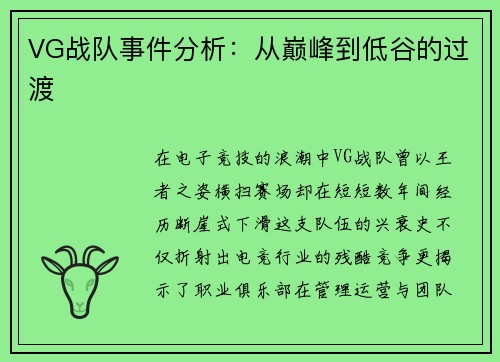 VG战队事件分析:从巅峰到低谷的过渡