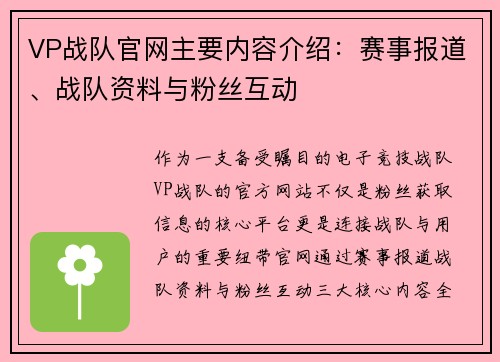 VP战队官网主要内容介绍：赛事报道、战队资料与粉丝互动